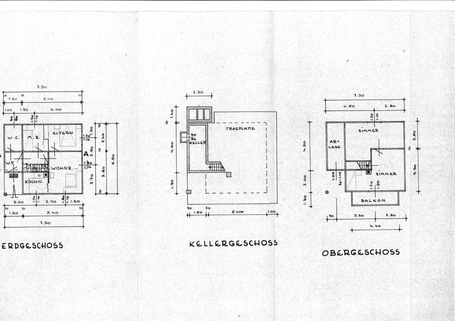 Grundrisse für Erdgeschoss, Kellergeschoss und Obergeschoss mit Raumaufteilung.