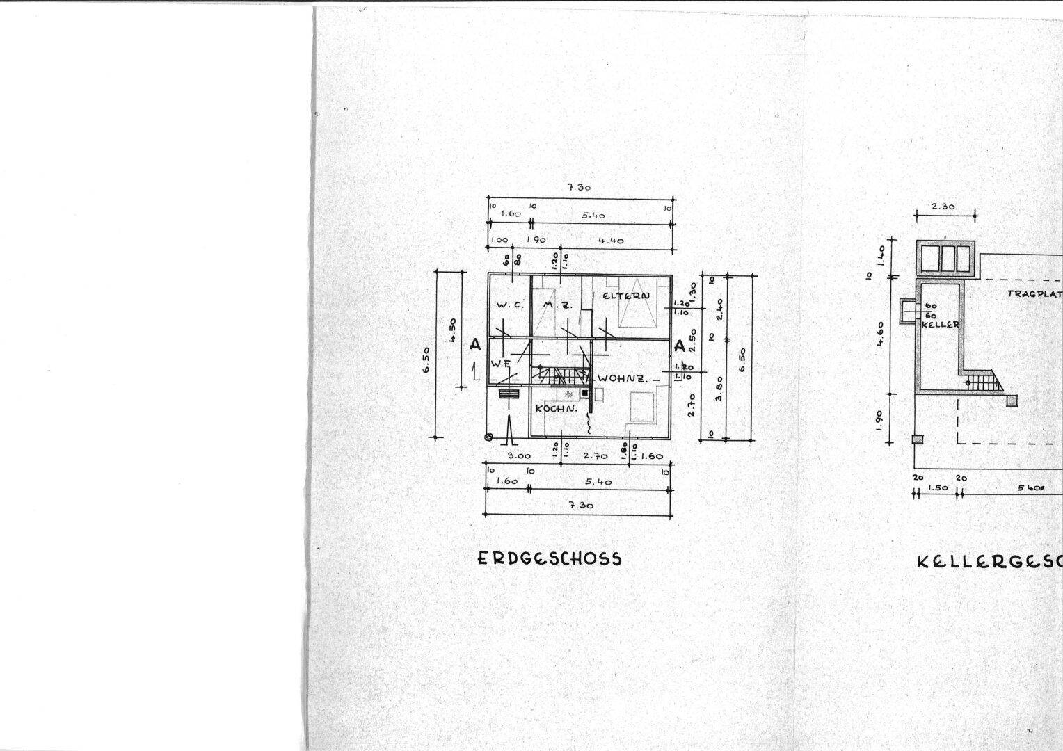 Detaillierter Grundriss des Erdgeschosses und Kellergeschosses mit Maßangaben.