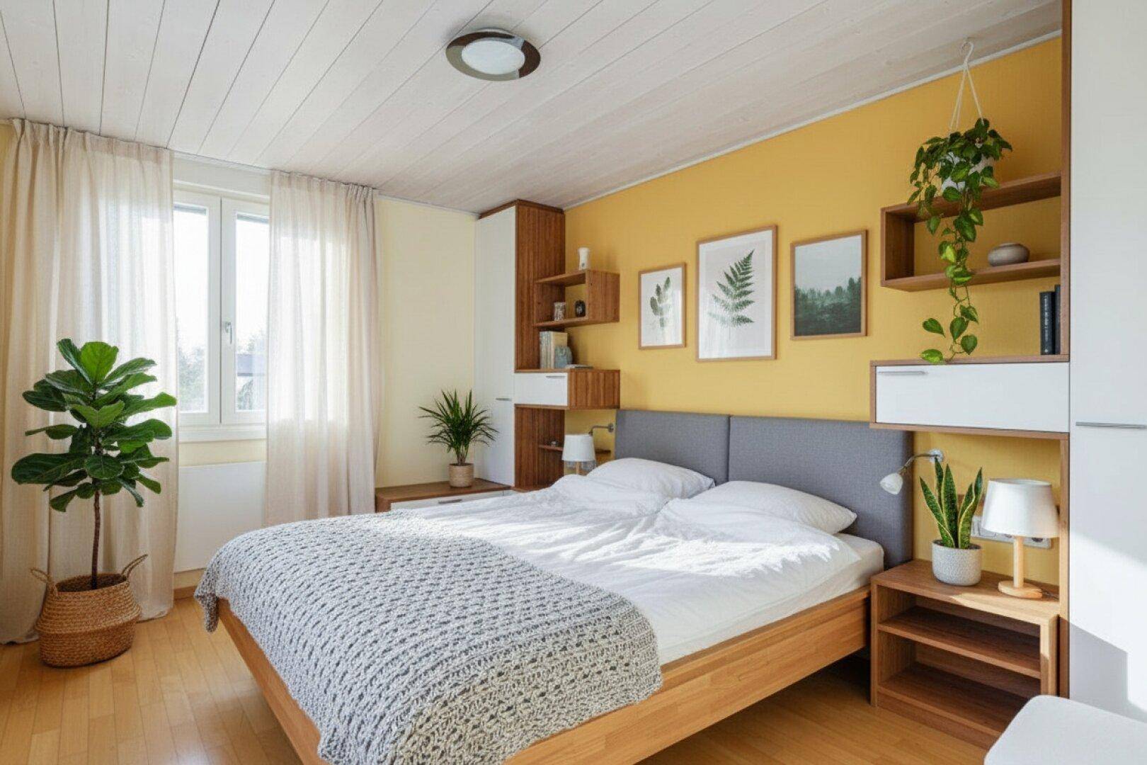 Modernes Schlafzimmer mit gelber Akzentwand, Holzbett und Pflanzen für eine frische Atmosphäre.