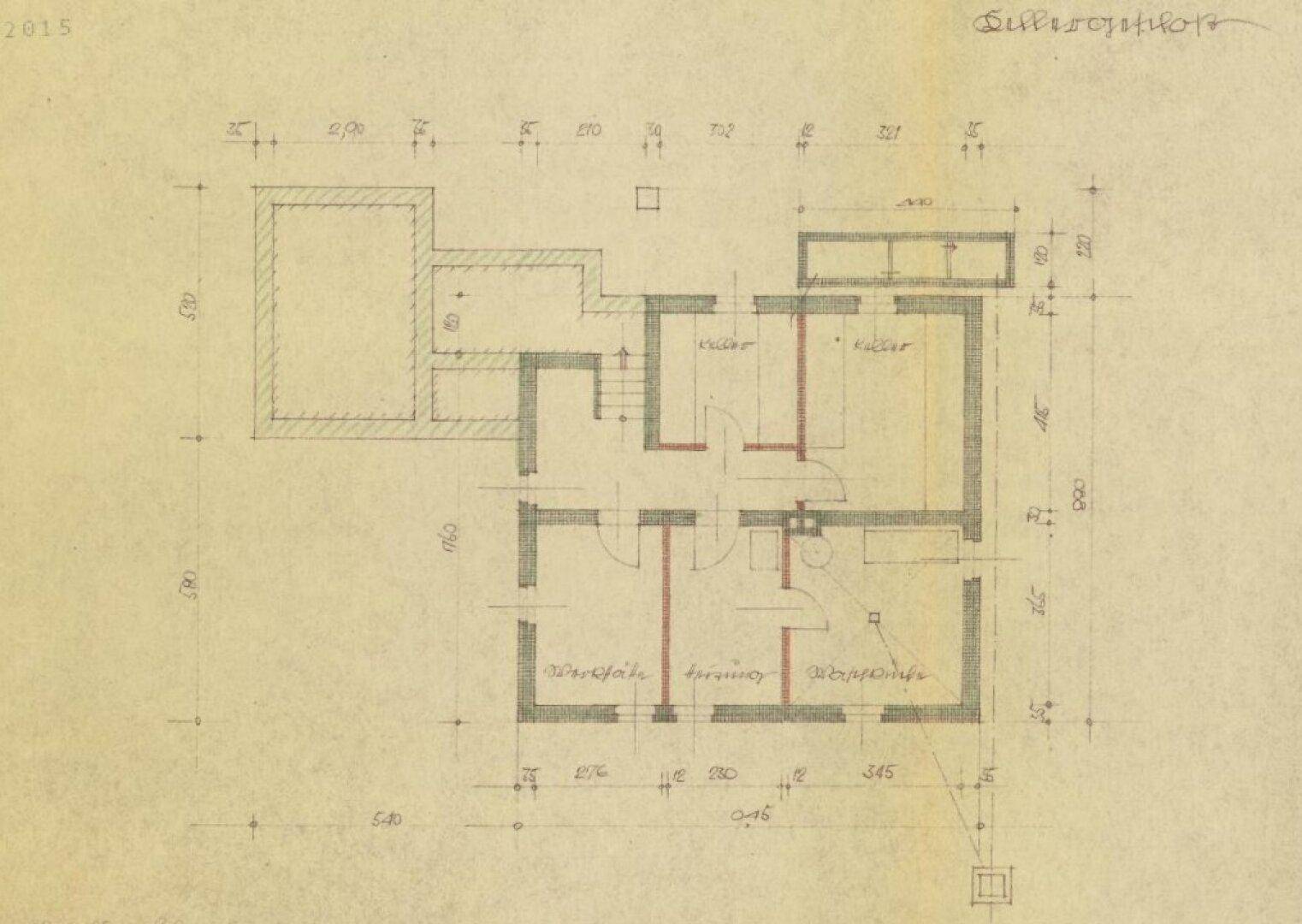 Historischer Grundriss mit Raumaufteilung und Bemaßungen des Erdgeschosses.
