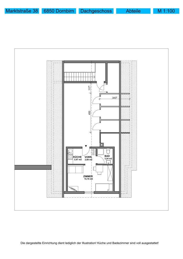 Grundriss des Dachgeschosses mit Abteilen, Zimmer, Küche und Bad.