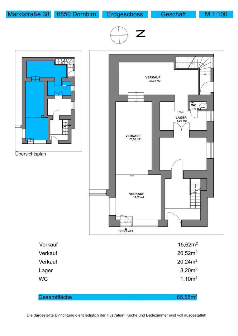 Grundriss des Erdgeschosses mit Verkaufsflächen, Lager und WC.