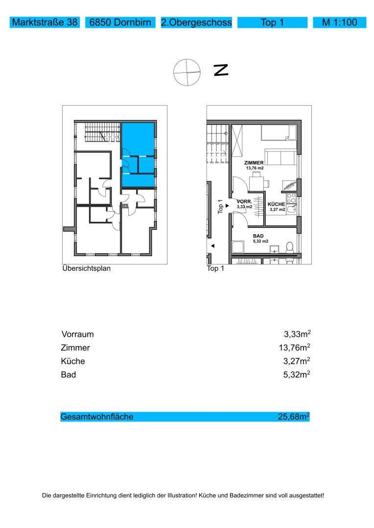 Grundriss der Wohnung Top 1 im 2. Obergeschoss mit Zimmer, Küche und Bad.