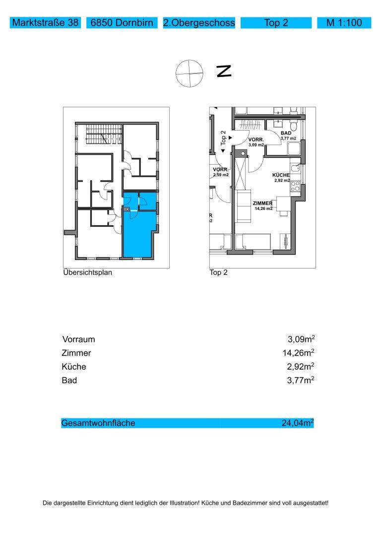 Grundriss der Wohnung Top 2 im 2. Obergeschoss mit Zimmer, Küche und Bad.