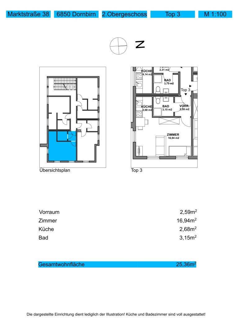 Grundriss der Wohnung Top 3 im 2. Obergeschoss mit Zimmer, Küche und Bad.