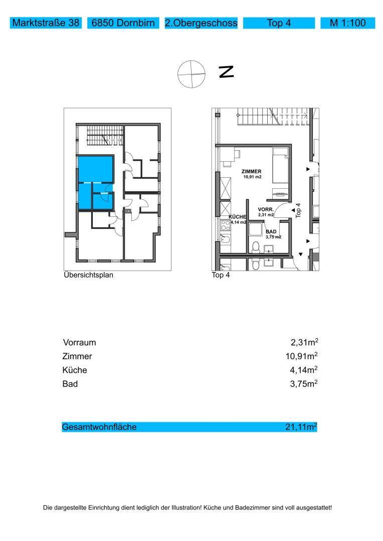 Grundriss der Wohnung Top 4 im 2. Obergeschoss mit Zimmer, Küche und Bad.