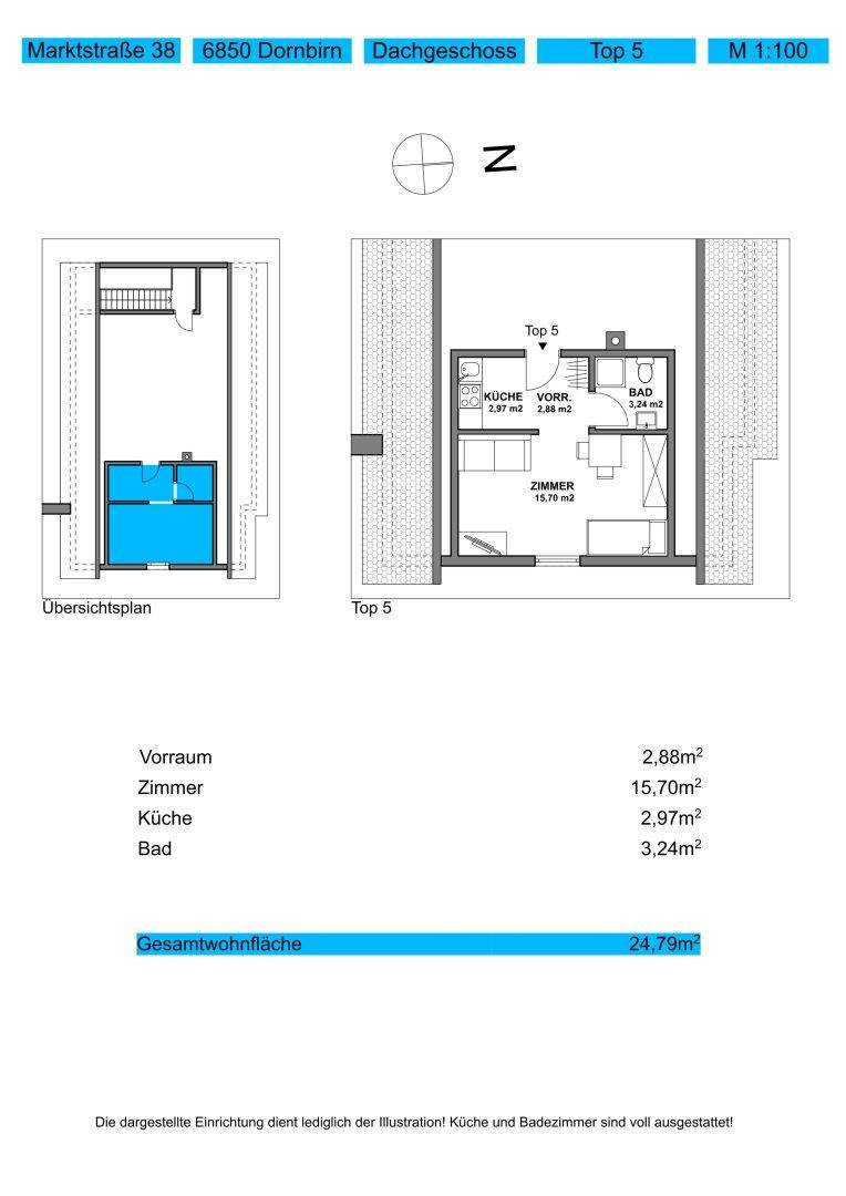 Grundriss der Wohnung Top 5 im Dachgeschoss mit Zimmer, Küche und Bad.