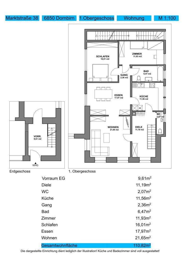 Grundriss des 1. Obergeschosses mit Wohn-, Ess- und Schlafbereichen sowie Bad und Küche.