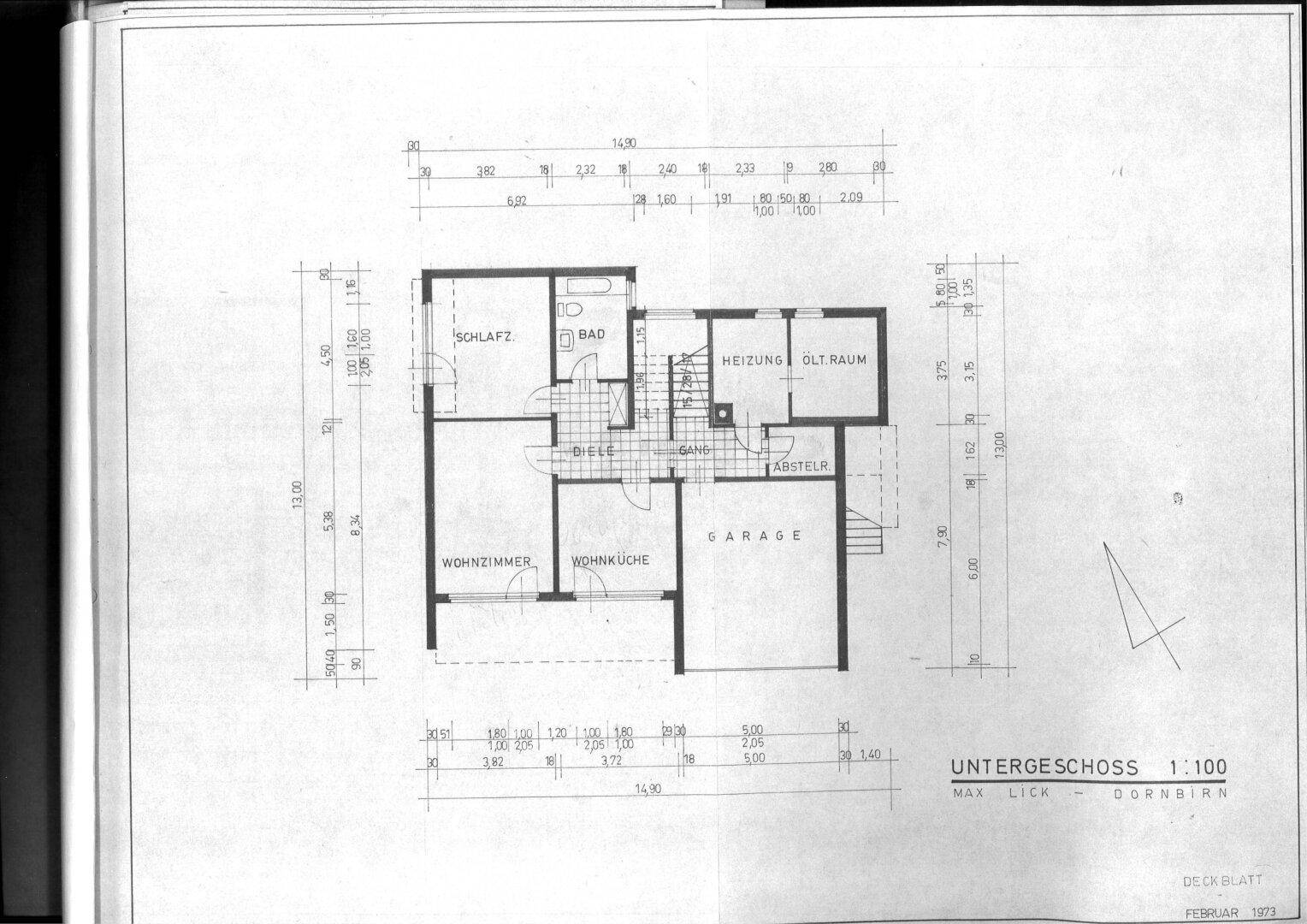 Grundriss des Untergeschosses mit Garage, Heizraum und Abstellraum.