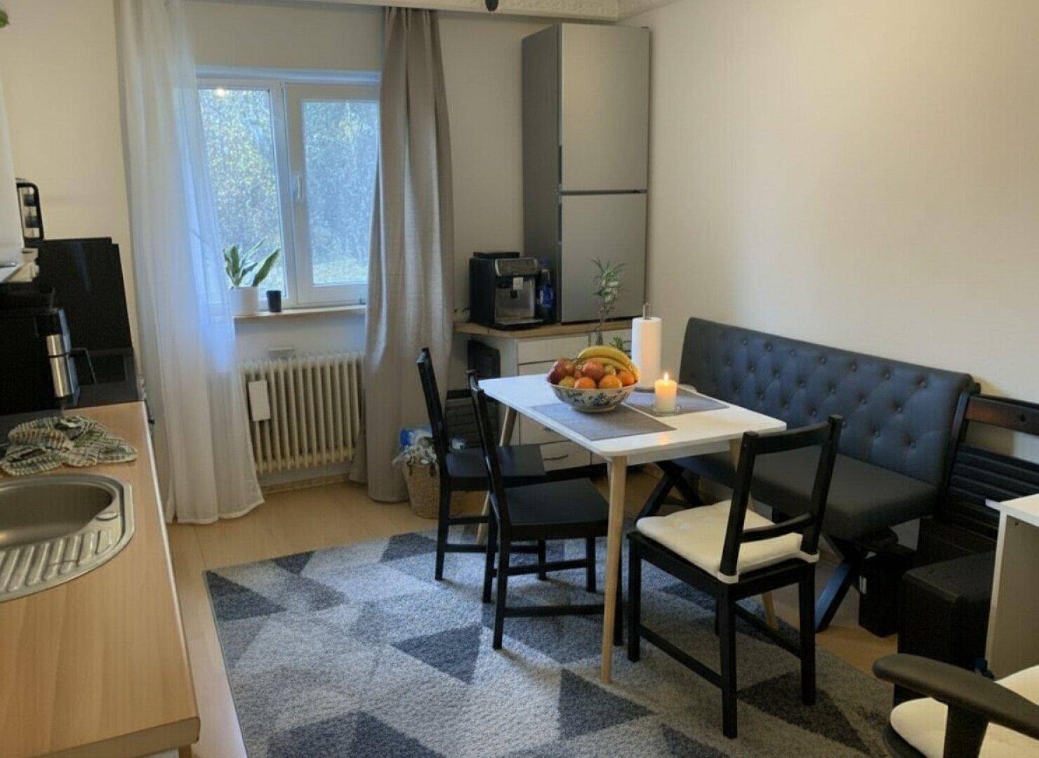 Kleine Küche mit Essbereich, modernem Teppich und Fenster mit Blick ins Freie.