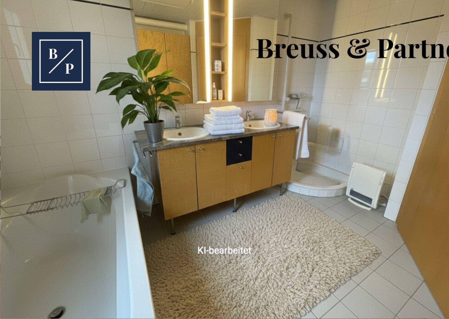 Badezimmer mit Doppelwaschbecken, Badewanne und Duschkabine, hell gefliest.