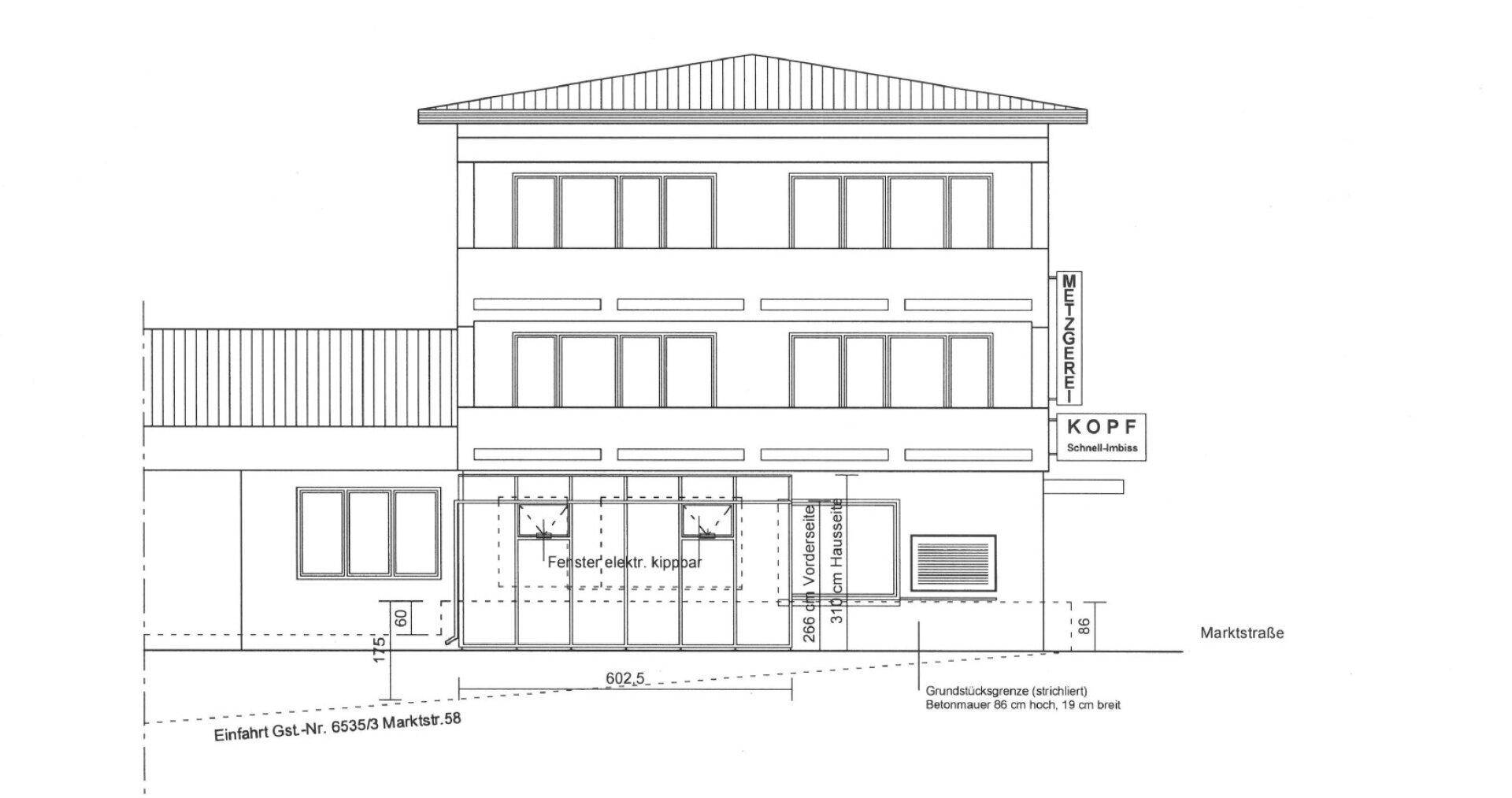 Architektonische Zeichnung der Gebäudefassade mit mehreren Etagen und großen Fensterfronten.