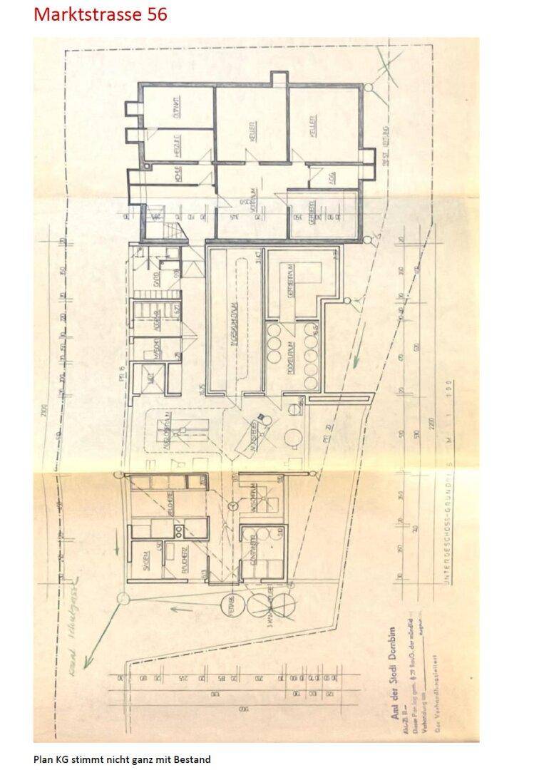 Grundriss des Kellergeschosses für Marktstrasse 56 mit verschiedenen Nutzräumen und Lagerflächen.