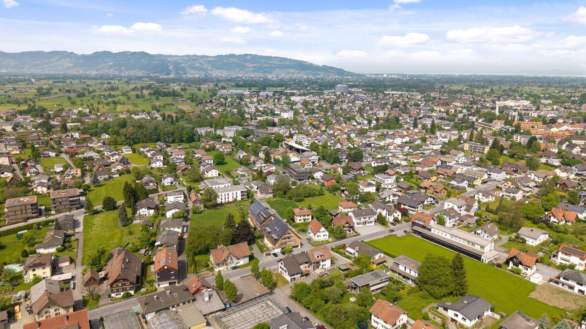 Weitläufige Luftaufnahme einer Wohngegend mit grünen Feldern und Bergen unter blauem Himmel.