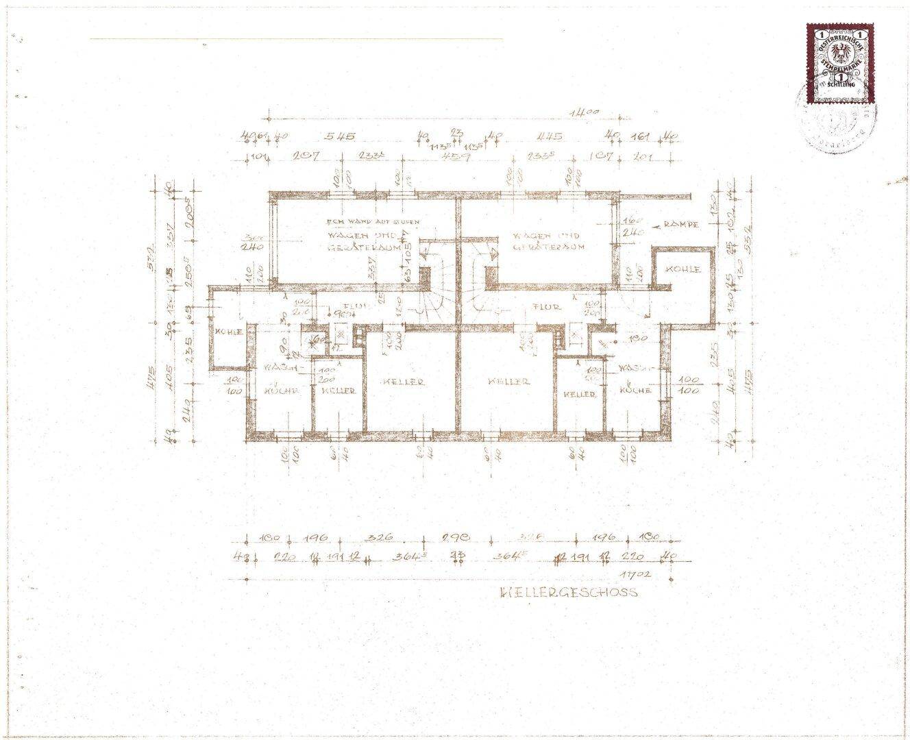 Handgezeichneter Grundriss des Kellergeschosses mit Kellerräumen und Waschküche.