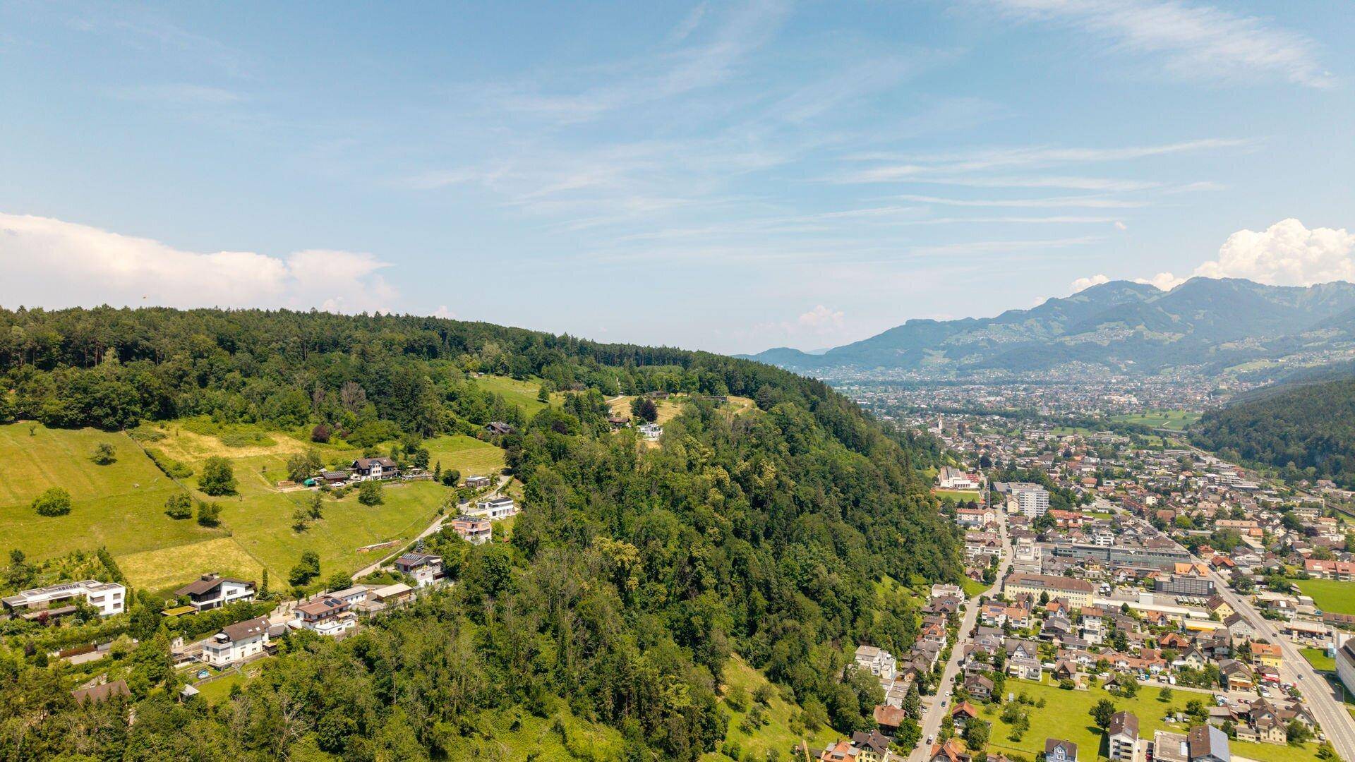 Weitwinkel-Luftaufnahme einer grünen Hügellandschaft mit Häusern, Wald und einer Stadt in der Ferne.