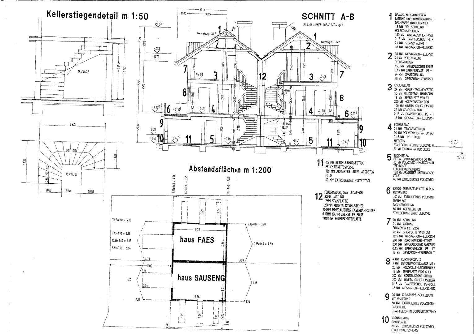 Architektonischer Schnitt und Detailansichten des Gebäudes mit Treppenhaus.