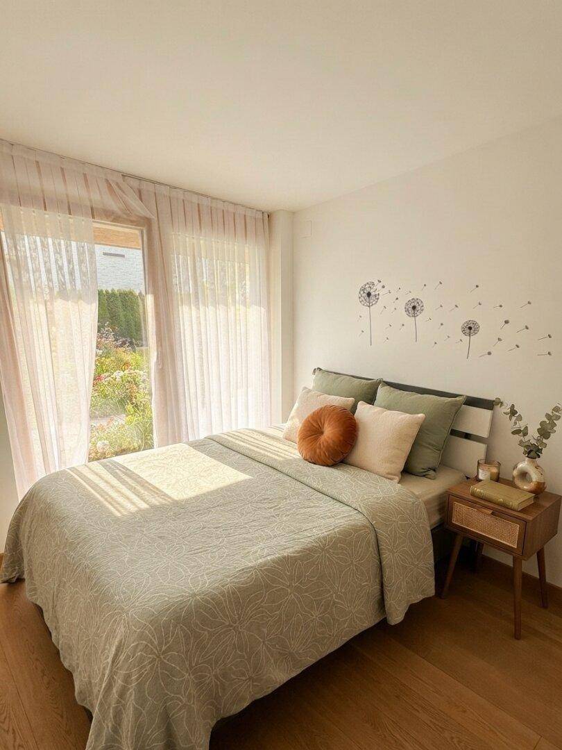 Helles Schlafzimmer mit Doppelbett, Nachttisch und großen Fenstern mit Vorhängen.