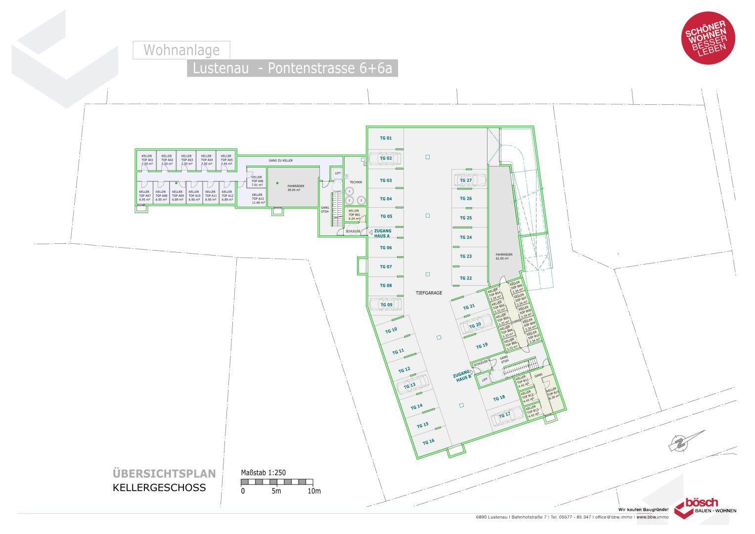 Übersichtsplan einer Wohnanlage mit Tiefgarage und verschiedenen Wohneinheiten im Kellergeschoss.