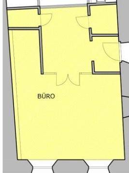 Grundrissplan eines Raumes mit angrenzenden kleineren Bereichen und Zugangspunkten.