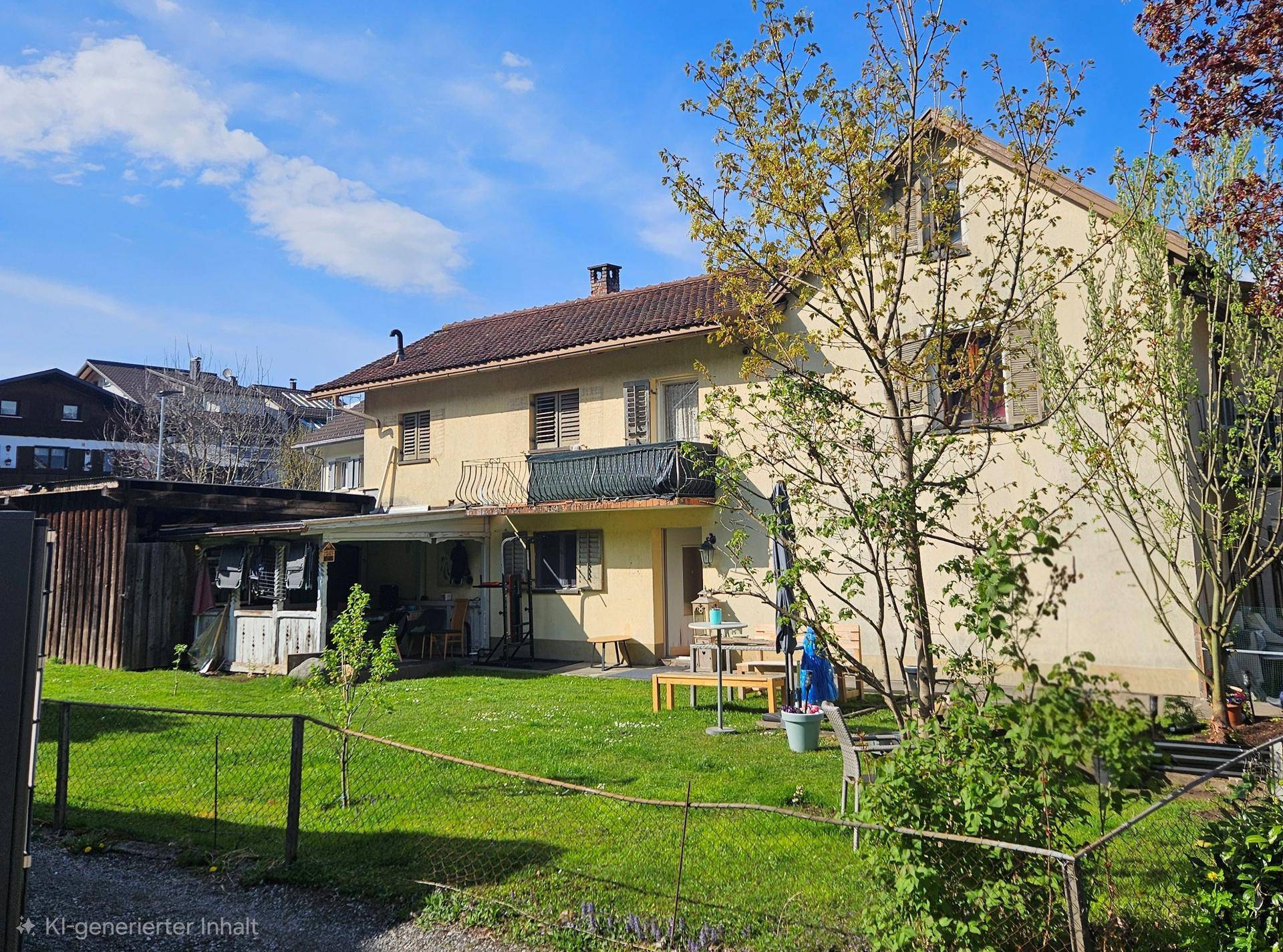 Gepflegter Gartenbereich hinter dem Haus mit Balkon, Bäumen und einem sonnigen Sitzplatz.