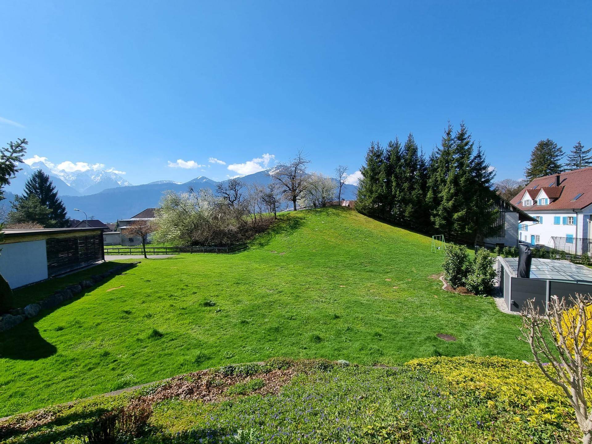 Panoramablick auf eine grüne Hügellandschaft mit einem Wohnhaus und schneebedeckten Bergen am Horizont.