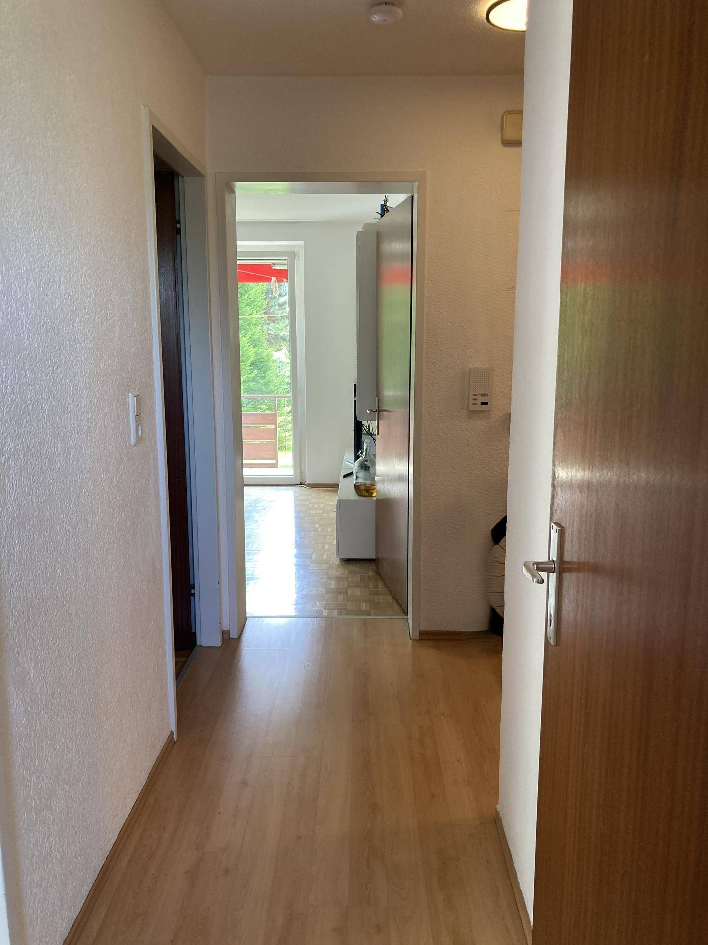 Heller Flur mit Holzfußboden, der zum Wohnbereich mit Balkonzugang führt.