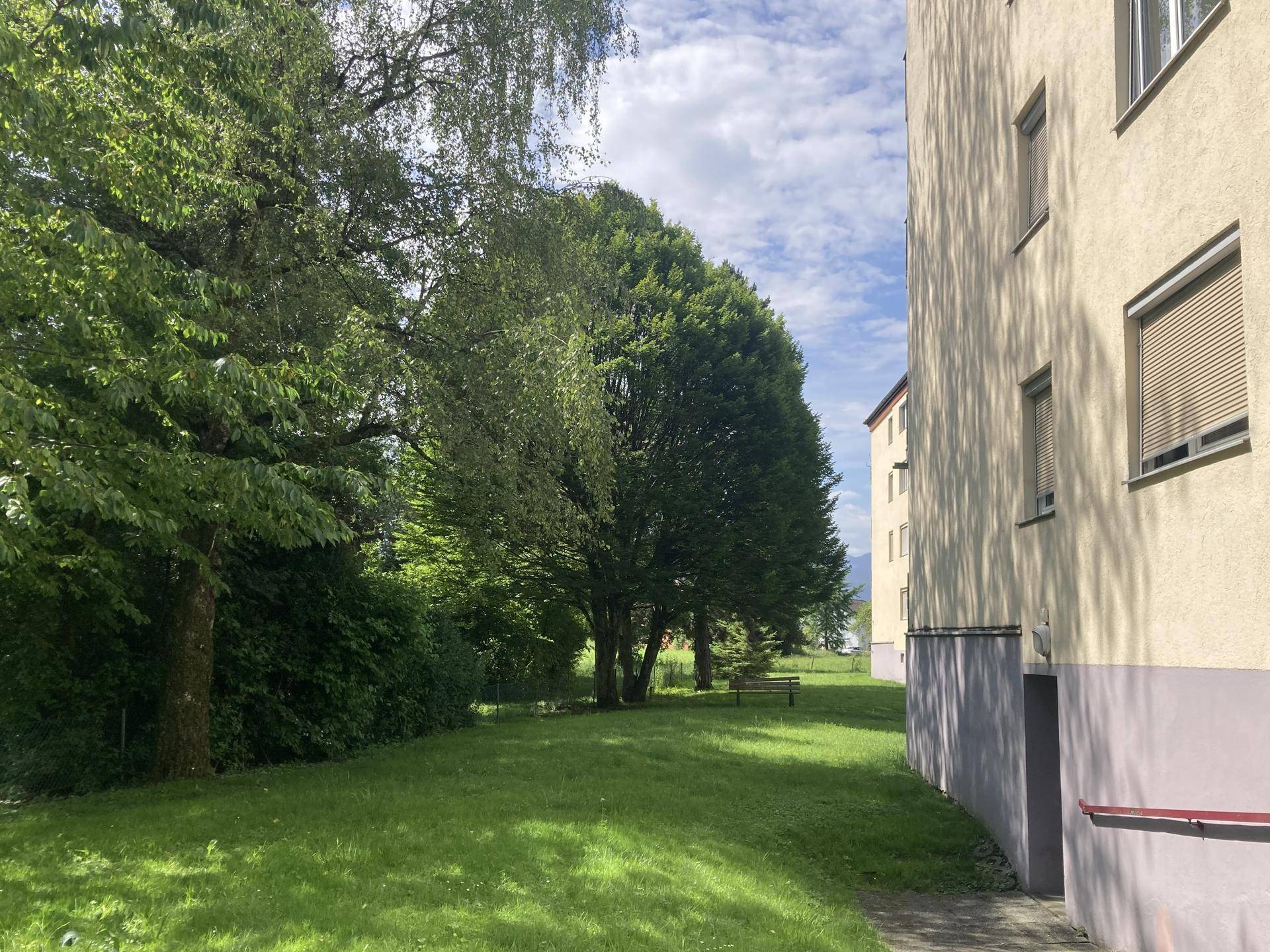 Gepflegte Grünfläche mit Bäumen und Sitzbank neben dem Wohngebäude.