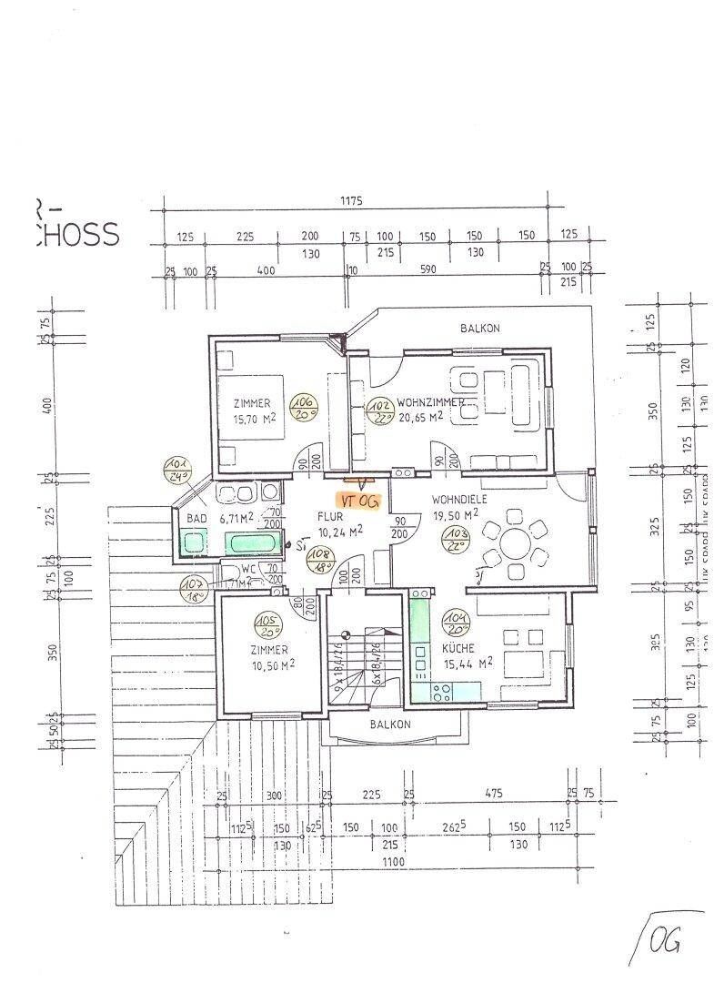 Grundriss des Obergeschosses mit Schlafzimmern, Wohnzimmer, Bad und Balkonen.