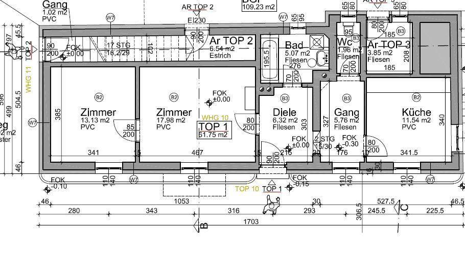 Detaillierter Grundriss einer Wohnung mit mehreren Zimmern, Bad, WC und Küche.