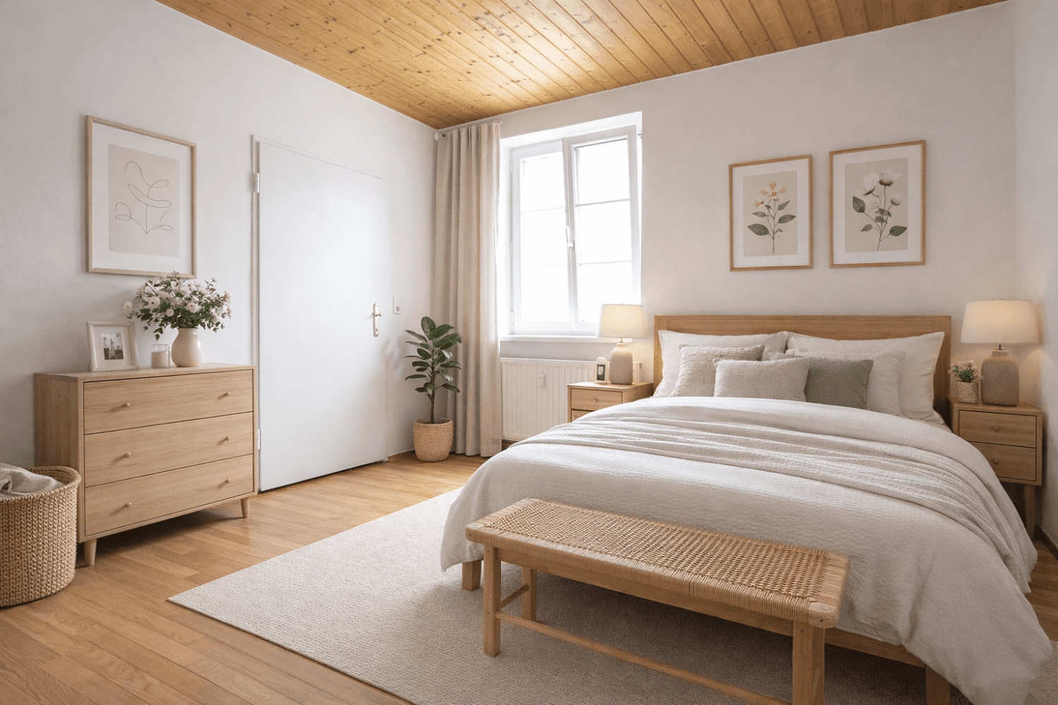 Gemütliches Schlafzimmer mit Holzbett, passenden Nachttischen und einer Holzdecke, die Wärme ausstrahlt.