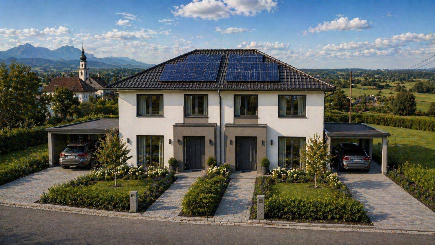 Moderne Doppelhaushälfte mit Photovoltaikanlage, Carports und gepflegtem Vorgarten vor Bergpanorama.