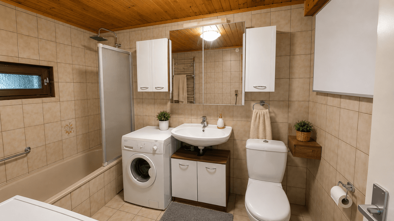 Gefliestes Badezimmer mit Badewanne, Duschbereich, Waschmaschine und Fenster.