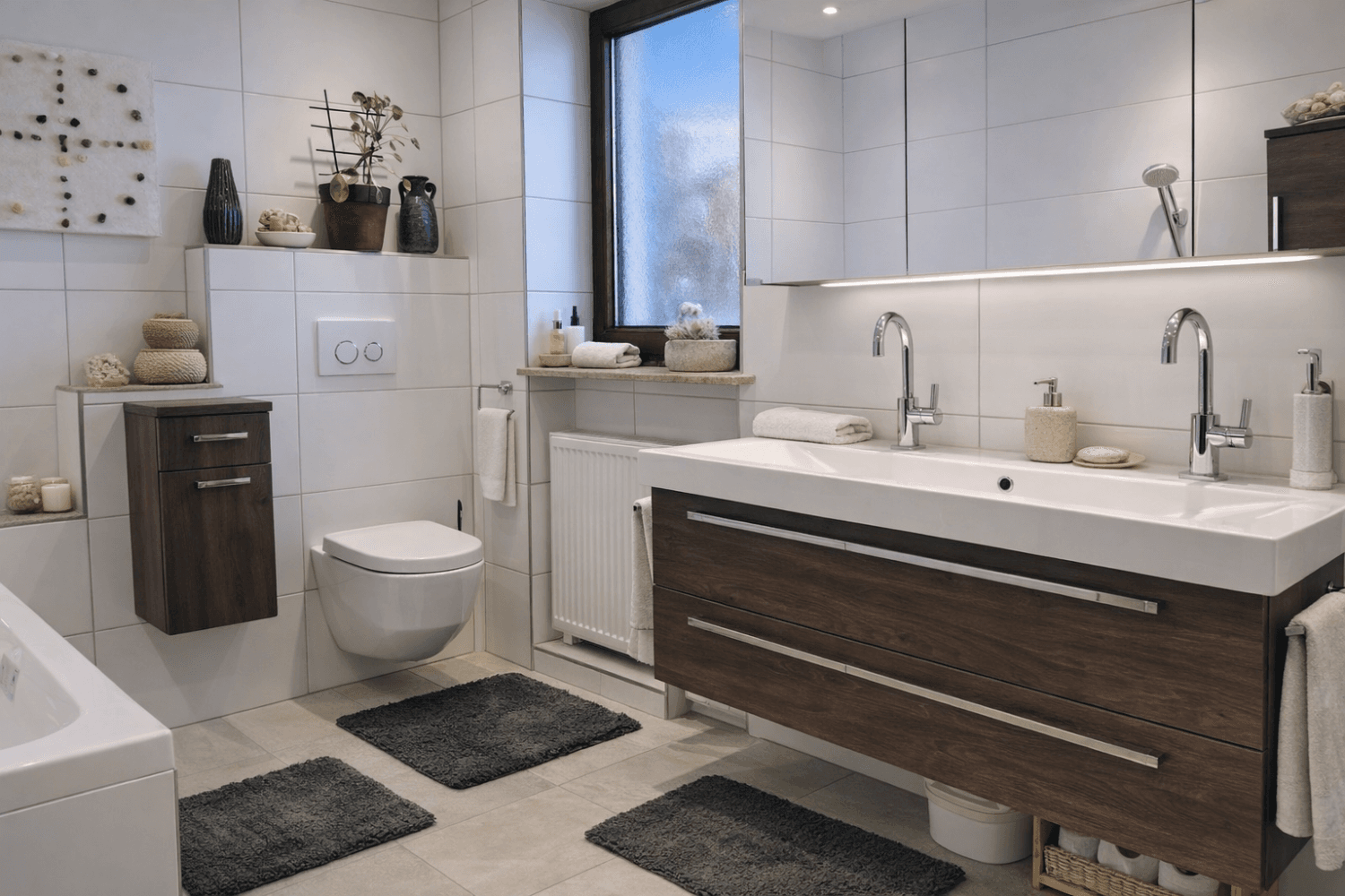 Modernes Badezimmer mit Doppelwaschbecken, Wand-WC, großen Fliesen und Fenster.