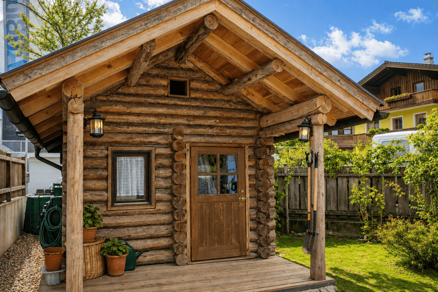 Rustikale Holzhütte im Garten mit traditionellen Laternen und grüner Umgebung.