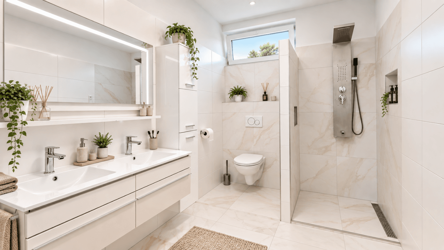 Modernes Badezimmer mit Doppelwaschbecken, großer begehbarer Dusche und Fenster für Tageslicht.