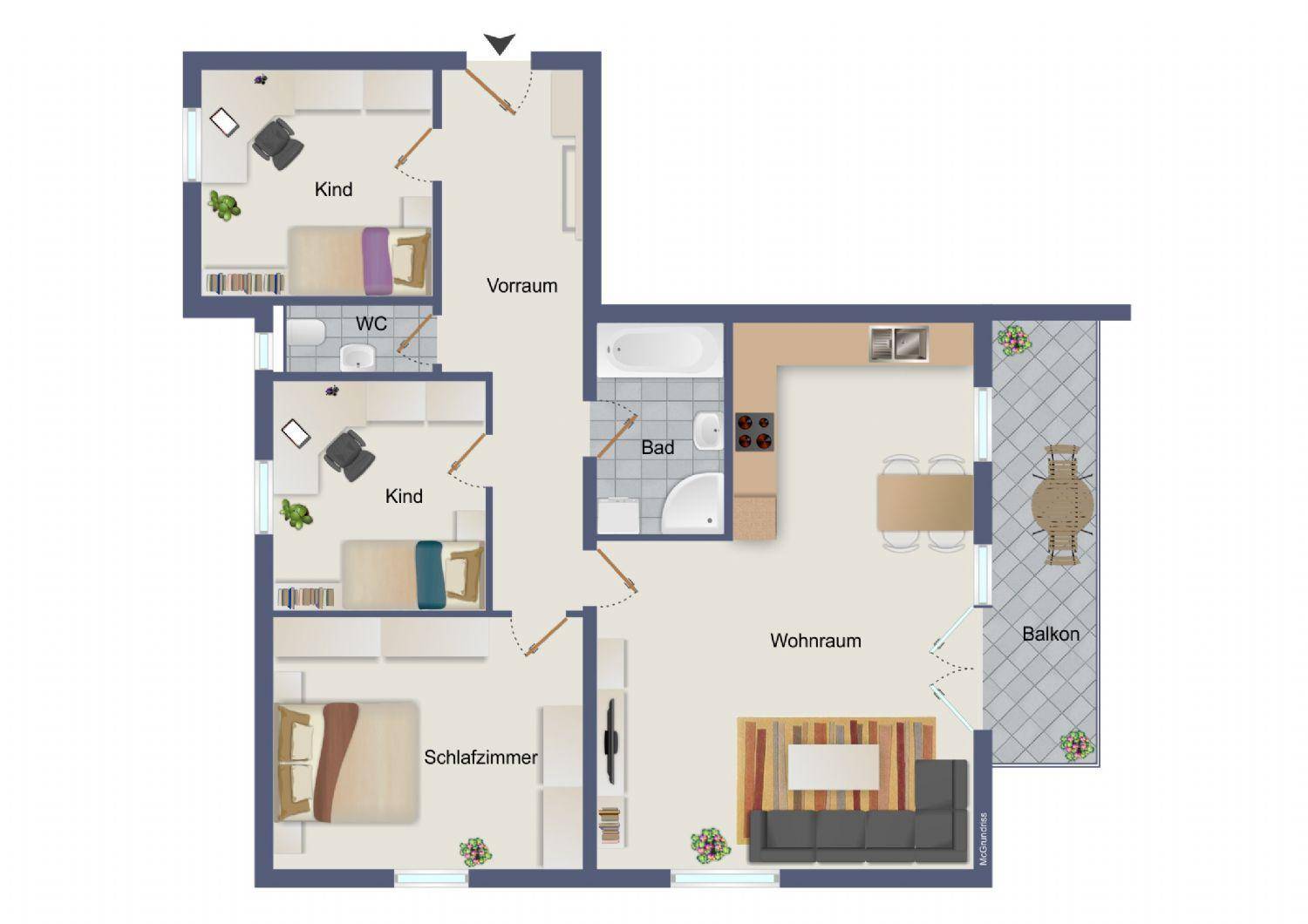 Grundriss einer Wohnung mit drei Schlafzimmern, Wohnraum, Bad und Balkon.