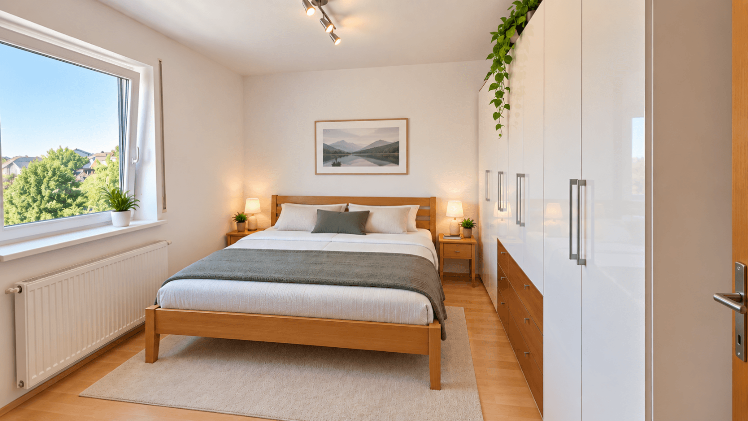 Helles Schlafzimmer mit Doppelbett, weißen Kleiderschränken und Blick ins Grüne.