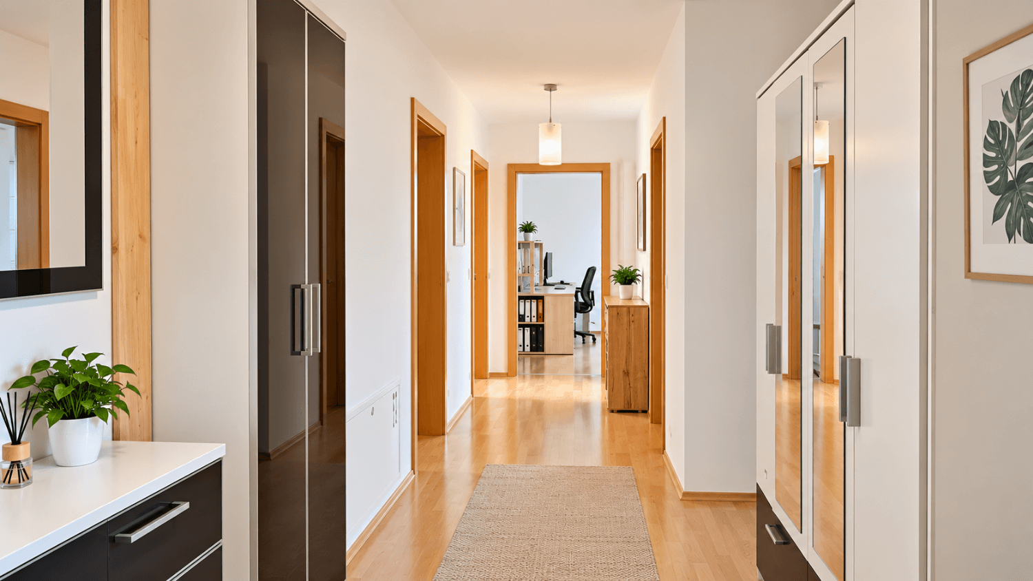 Heller Flur mit Laminatboden, Spiegelschränken und Blick in weitere Zimmer.