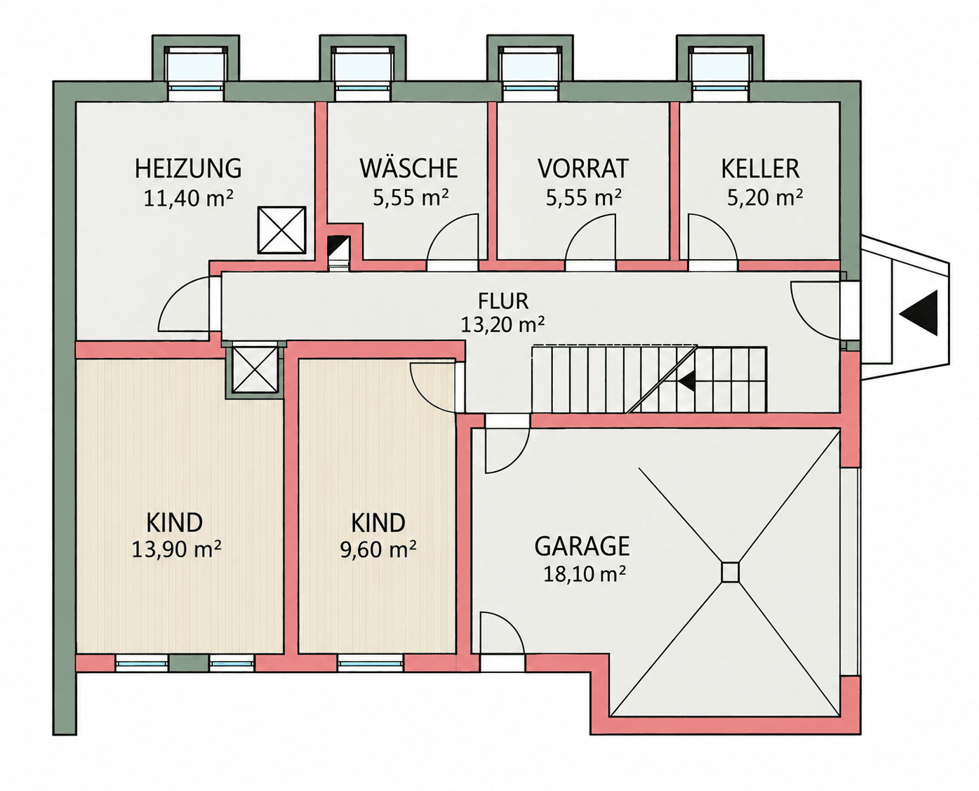 Grundriss des Untergeschosses mit Heizraum, Waschküche, Vorratsraum, Keller und Garage.
