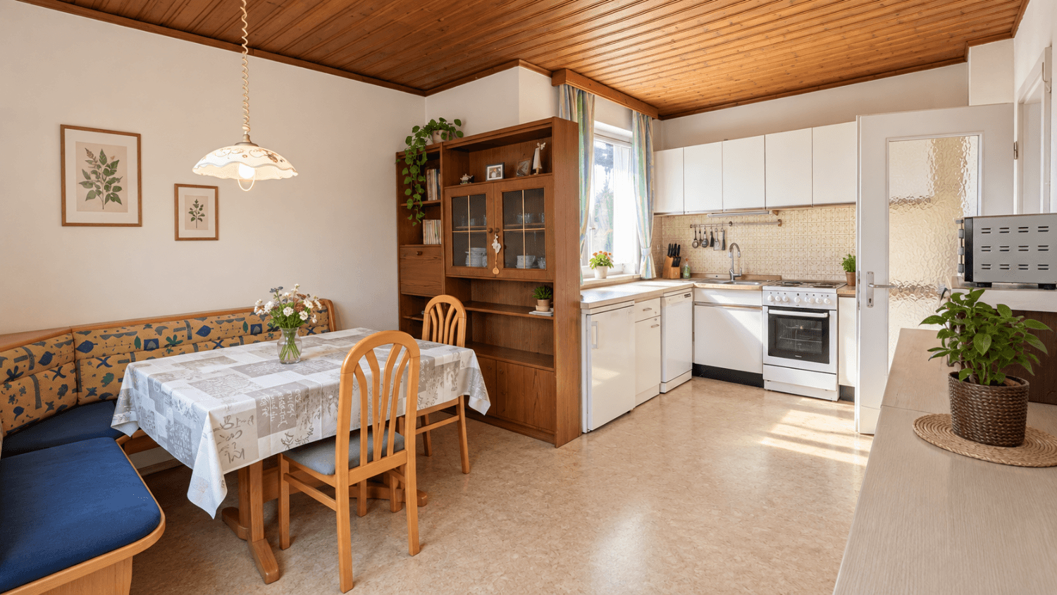 Gemütliche Wohnküche mit Essbereich, Holzdecke und weißer Einbauküche mit Standardgeräten.