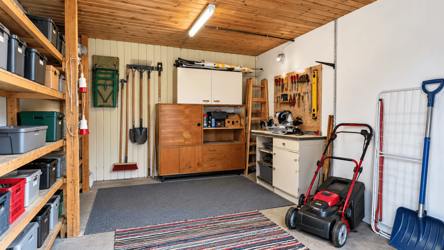Geräumige Garage oder Werkstatt mit Holzdecke, Regalen, Werkzeugen und einem Rasenmäher.