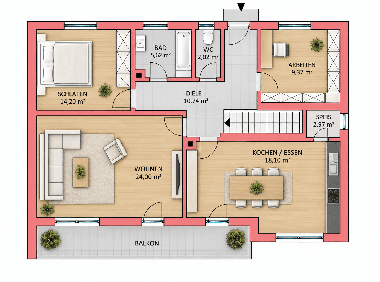Grundriss des Hauptgeschosses mit Schlafzimmer, Bad, WC, Arbeitszimmer, offener Wohnküche und Balkon.