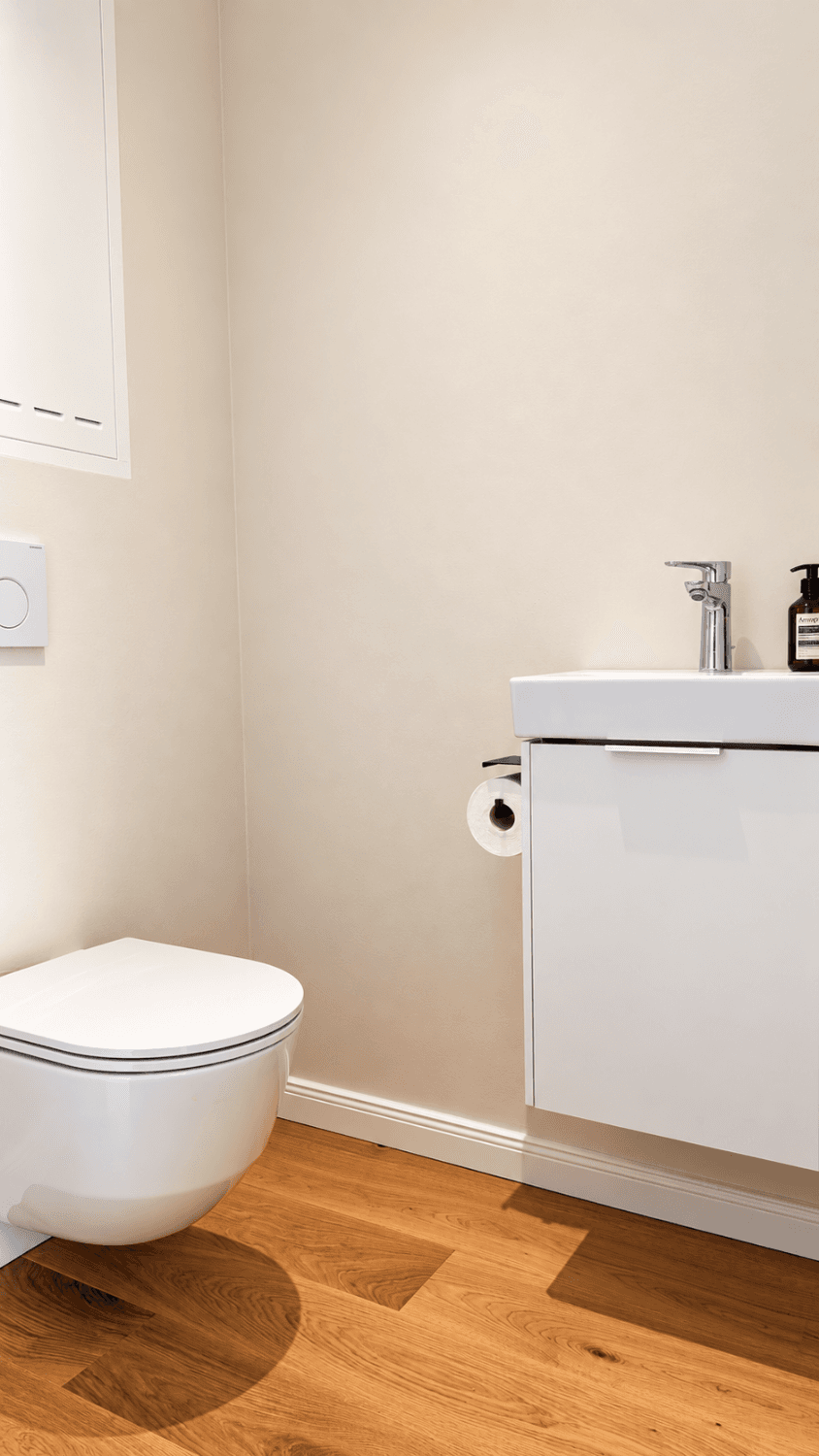 Modernes Gäste-WC mit wandhängendem WC, Waschbecken und Holzboden.