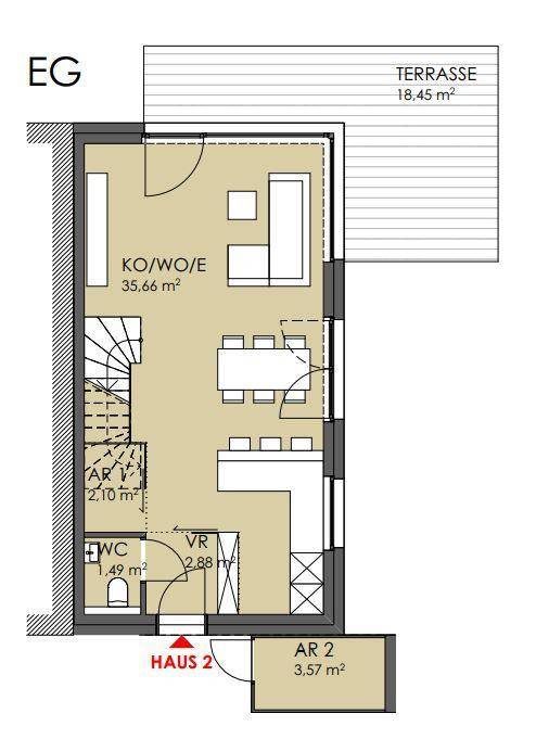Grundriss des Erdgeschosses mit offenem Wohn-Essbereich, Küche und Terrasse.