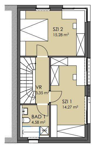 Grundriss des Obergeschosses mit zwei Schlafzimmern und einem Badezimmer.