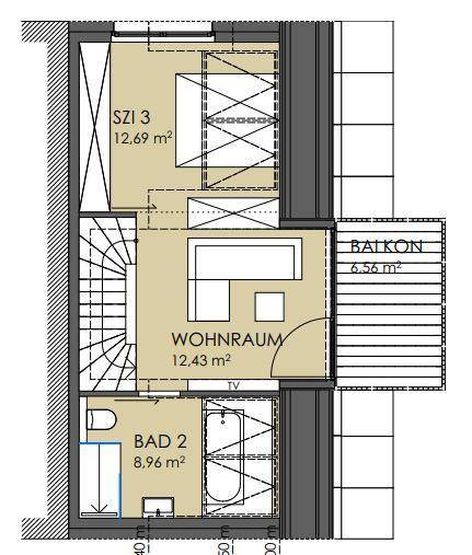 Grundriss des Dachgeschosses mit Schlafzimmer, Wohnraum, Bad und Balkon.
