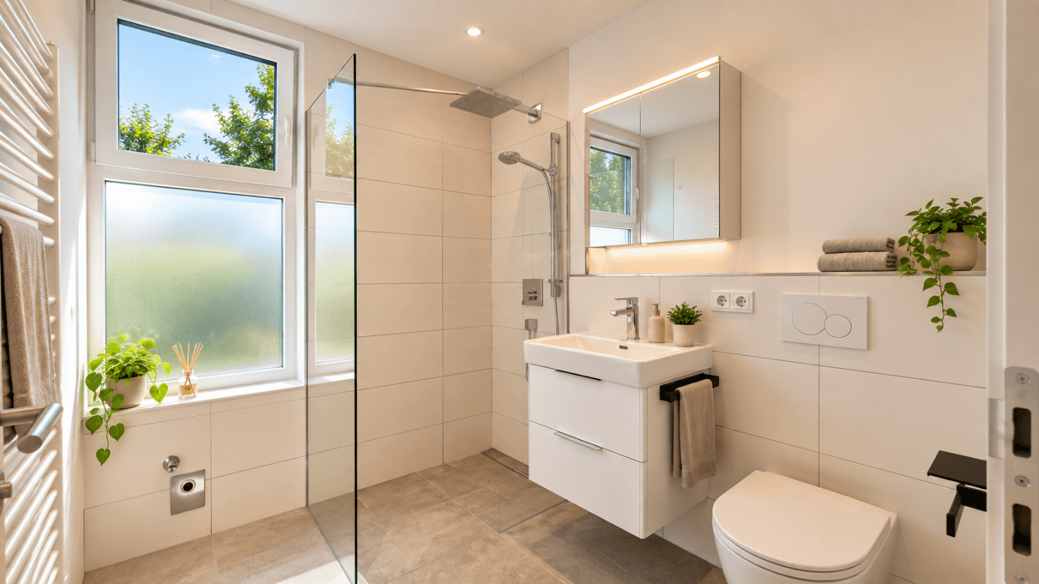 Modernes Badezimmer mit ebenerdiger Dusche, Fenster und beheiztem Handtuchhalter.