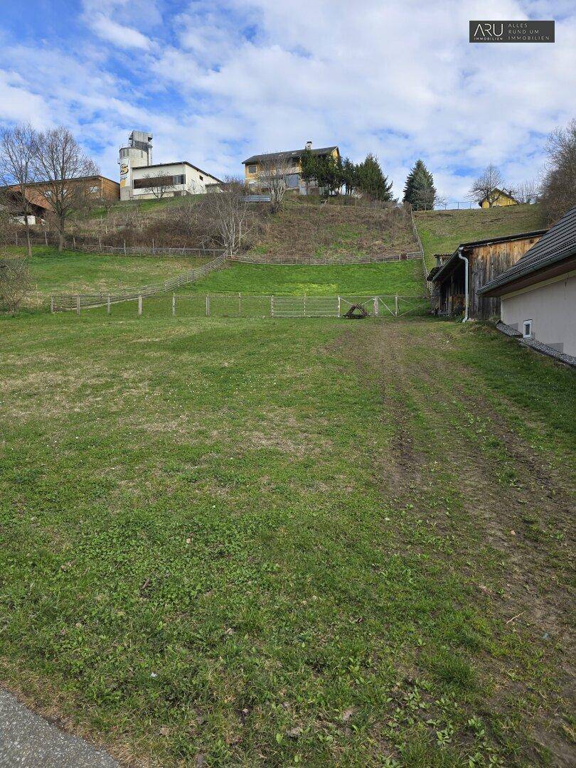Grüne Wiese mit Fahrspuren, einem Feldweg und Gebäuden auf einem Hügel im Hintergrund.