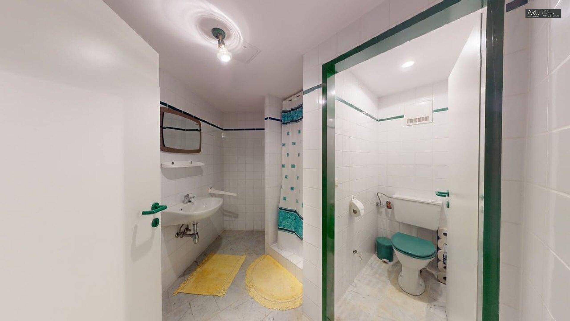 Badezimmer mit Dusche, WC und Waschbecken in weiß-grüner Farbgebung.